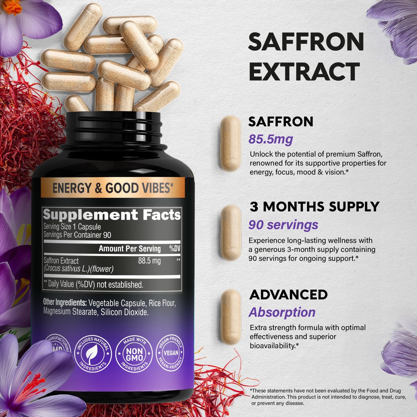 Natural Saffron Supplements - Pure Saffron Extract 88.5 mg - Mood | Focus | Vision | Energy Support - Eye Health for Women & Men - Lab Tested - NonGMO Vegan Pills - dailyvitalstore