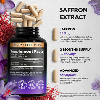 Natural Saffron Supplements - Pure Saffron Extract 88.5 mg - Mood | Focus | Vision | Energy Support - Eye Health for Women & Men - Lab Tested - NonGMO Vegan Pills - dailyvitalstore
