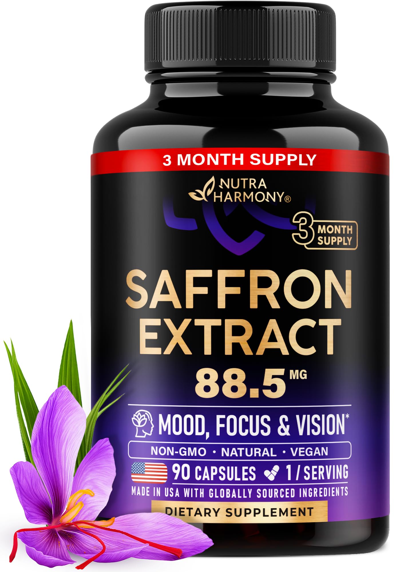 Natural Saffron Supplements - Pure Saffron Extract 88.5 mg - Mood | Focus | Vision | Energy Support - Eye Health for Women & Men - Lab Tested - NonGMO Vegan Pills - dailyvitalstore