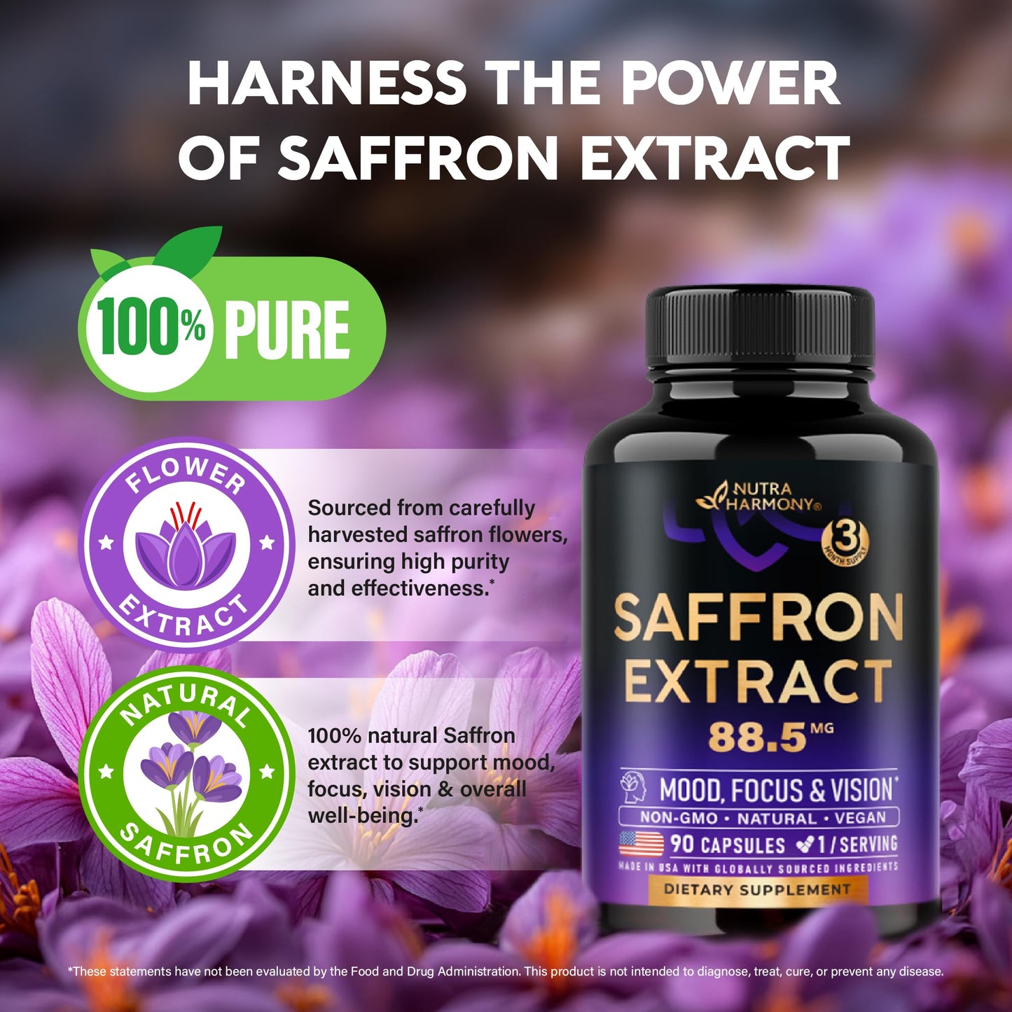 Natural Saffron Supplements - Pure Saffron Extract 88.5 mg - Mood | Focus | Vision | Energy Support - Eye Health for Women & Men - Lab Tested - NonGMO Vegan Pills - dailyvitalstore