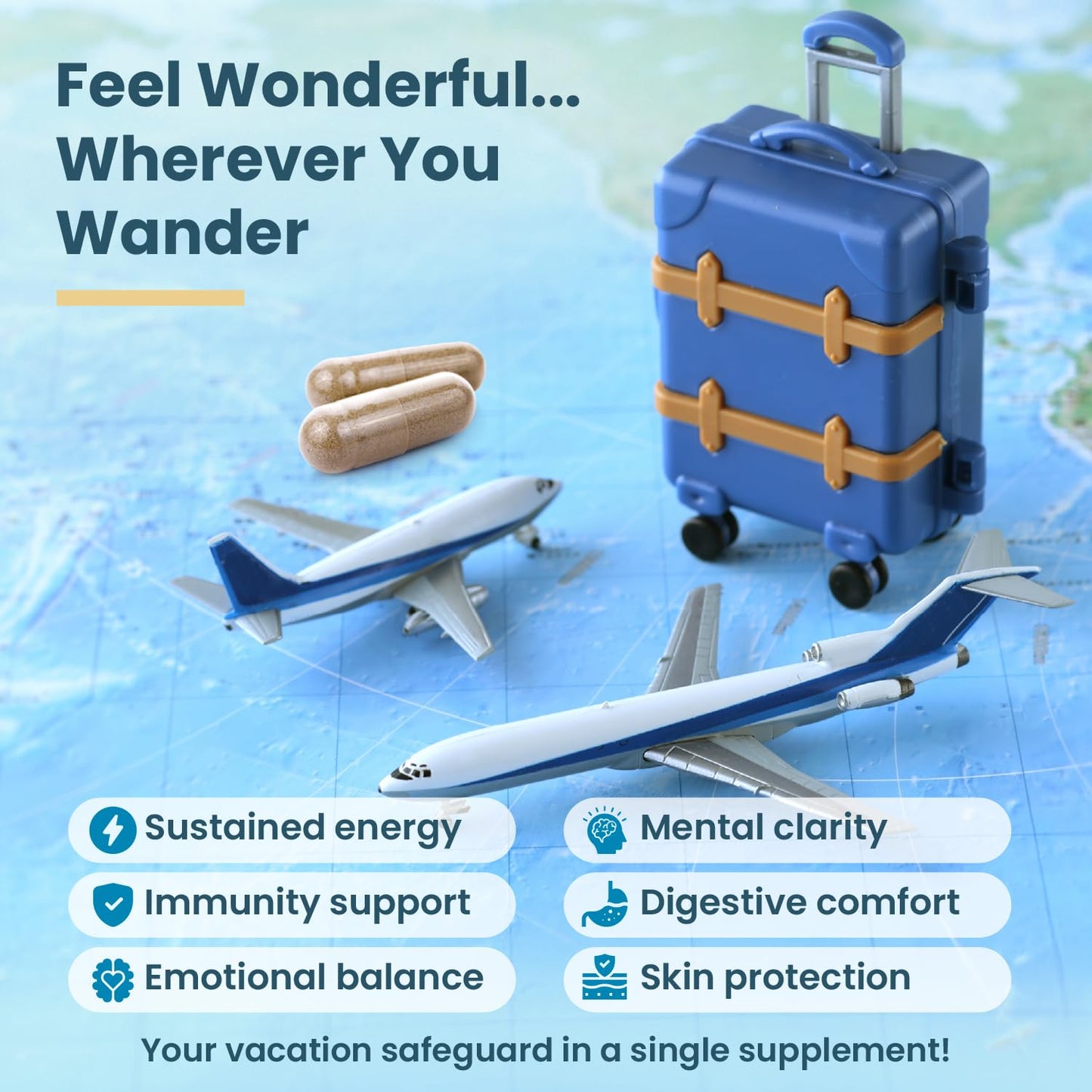 Natural Travel Pills - Traveling Supplement for Jet Lag Relief, Digestion, Immunity, Energy, Sleep, Circulation - Vacation and Long Flight Essentials for Men and Women - 30 Day Supply - dailyvitalstore