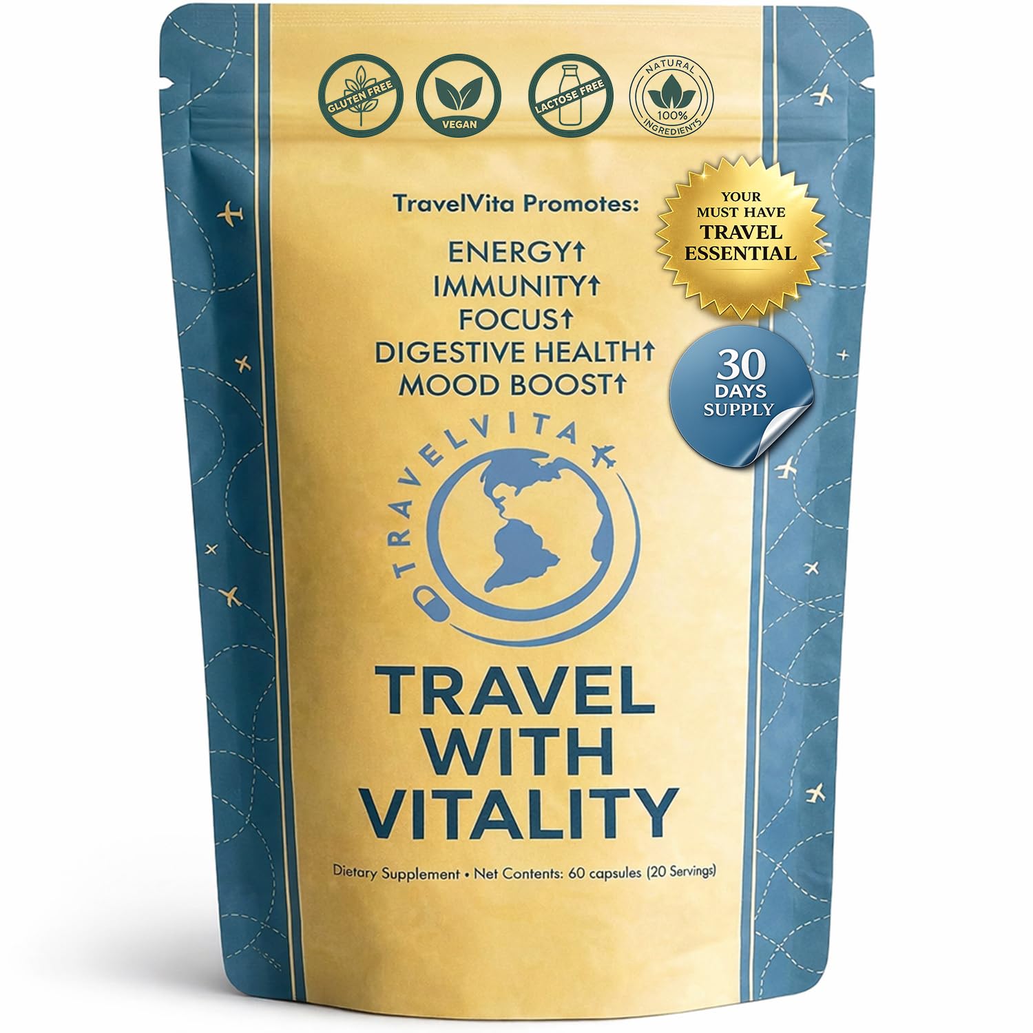 Natural Travel Pills - Traveling Supplement for Jet Lag Relief, Digestion, Immunity, Energy, Sleep, Circulation - Vacation and Long Flight Essentials for Men and Women - 30 Day Supply - dailyvitalstore