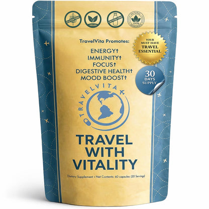 Natural Travel Pills - Traveling Supplement for Jet Lag Relief, Digestion, Immunity, Energy, Sleep, Circulation - Vacation and Long Flight Essentials for Men and Women - 30 Day Supply - dailyvitalstore