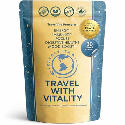 Natural Travel Pills - Traveling Supplement for Jet Lag Relief, Digestion, Immunity, Energy, Sleep, Circulation - Vacation and Long Flight Essentials for Men and Women - 30 Day Supply - dailyvitalstore