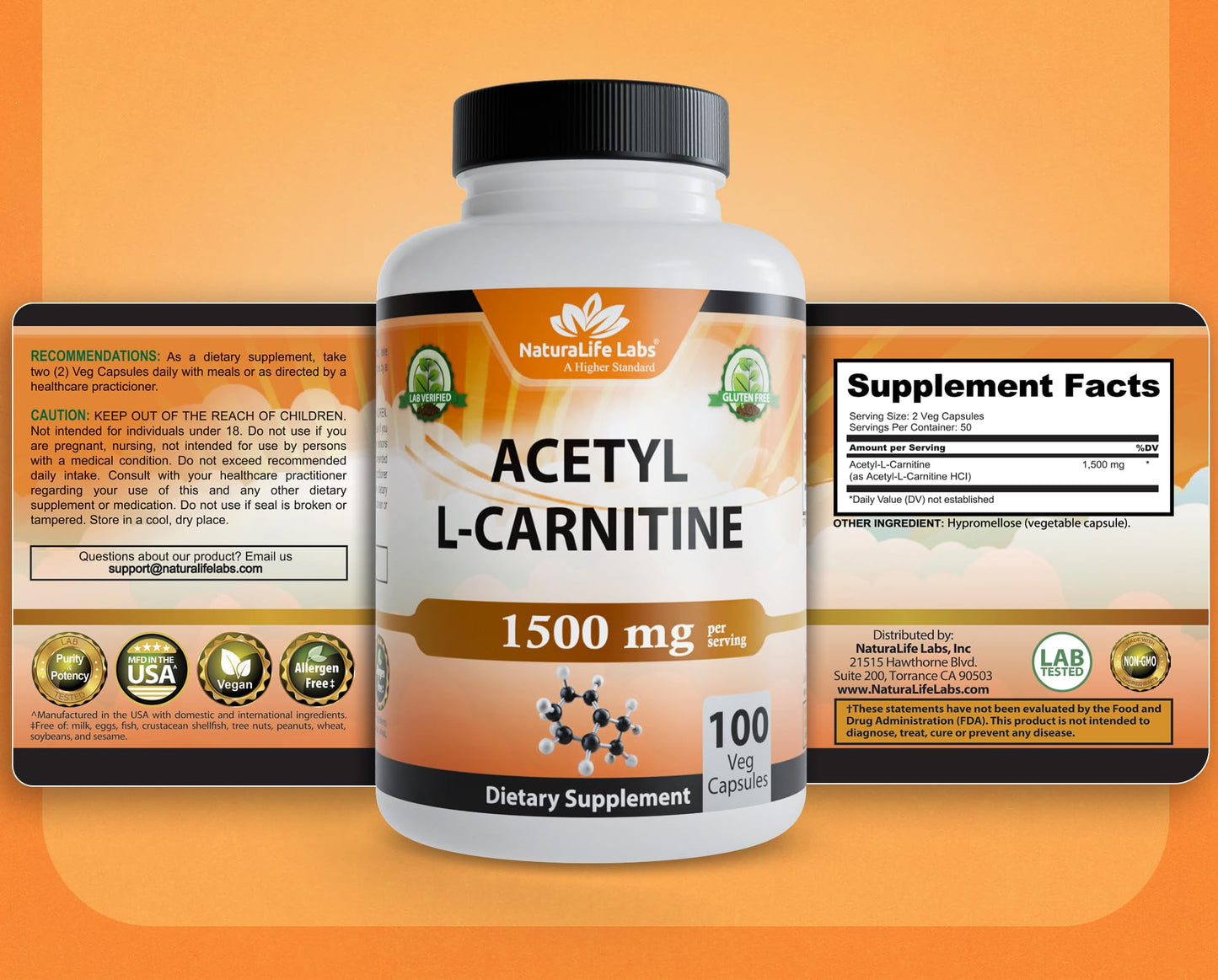 NaturaLife Labs Acetyl L-Carnitine (ALCAR) 1500 mg per Serving – 100 Capsules – Non-GMO, Gluten-Free, Vegan - dailyvitalstore