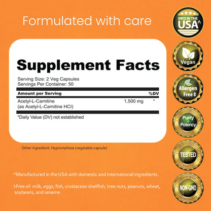 NaturaLife Labs Acetyl L-Carnitine (ALCAR) 1500 mg per Serving – 100 Capsules – Non-GMO, Gluten-Free, Vegan - dailyvitalstore