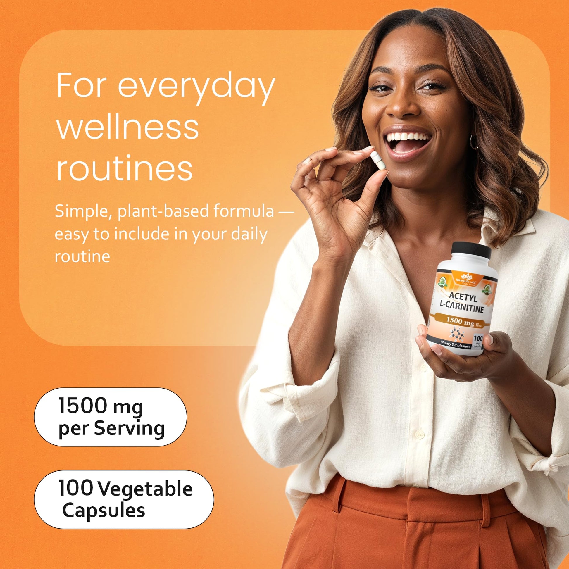 NaturaLife Labs Acetyl L-Carnitine (ALCAR) 1500 mg per Serving – 100 Capsules – Non-GMO, Gluten-Free, Vegan - dailyvitalstore