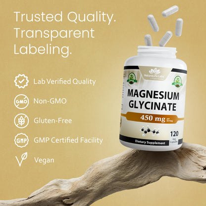 NaturaLife Labs Magnesium Glycinate - 450 mg per Serving – 120 Vegan Capsules - Non-GMO, Gluten-Free, Vegan - dailyvitalstore