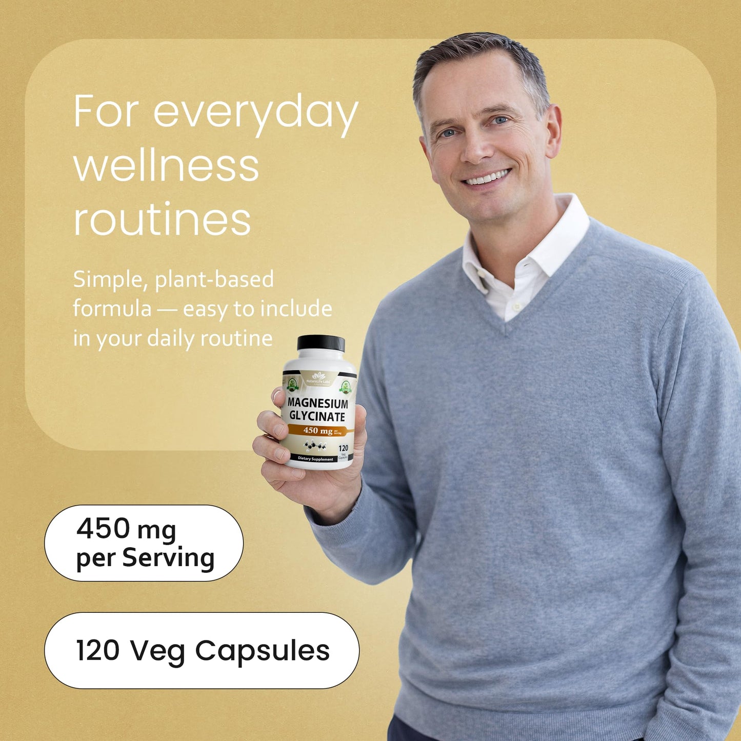 NaturaLife Labs Magnesium Glycinate - 450 mg per Serving – 120 Vegan Capsules - Non-GMO, Gluten-Free, Vegan - dailyvitalstore