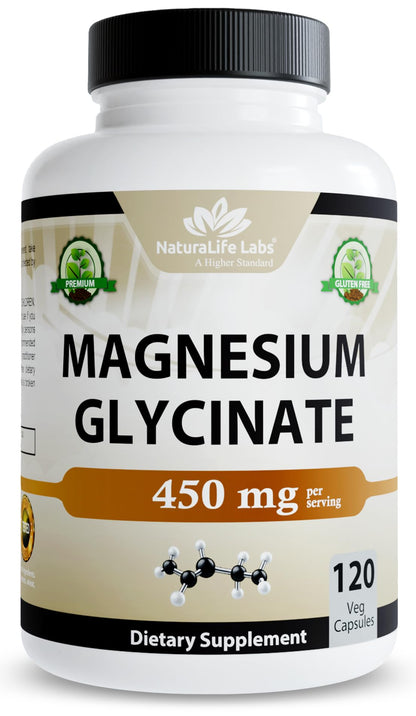 NaturaLife Labs Magnesium Glycinate - 450 mg per Serving – 120 Vegan Capsules - Non-GMO, Gluten-Free, Vegan - dailyvitalstore