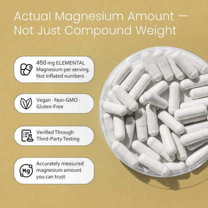 NaturaLife Labs Magnesium Glycinate - 450 mg per Serving – 120 Vegan Capsules - Non-GMO, Gluten-Free, Vegan - dailyvitalstore