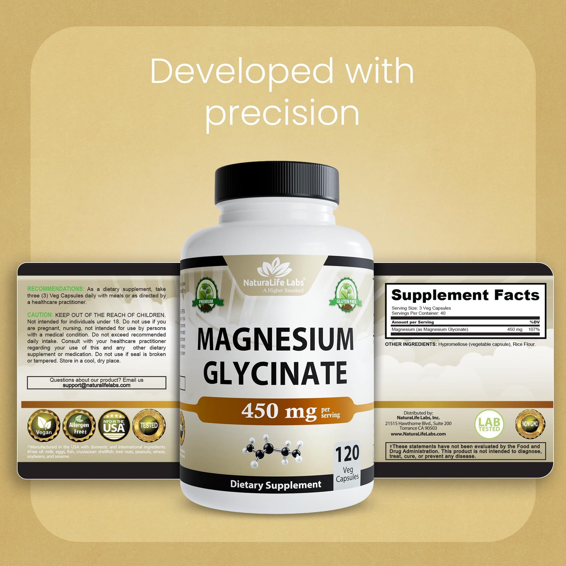 NaturaLife Labs Magnesium Glycinate - 450 mg per Serving – 120 Vegan Capsules - Non-GMO, Gluten-Free, Vegan - dailyvitalstore