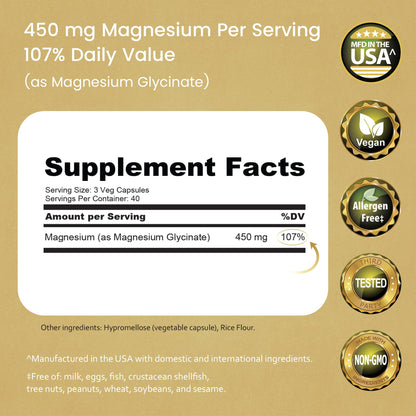 NaturaLife Labs Magnesium Glycinate - 450 mg per Serving – 120 Vegan Capsules - Non-GMO, Gluten-Free, Vegan - dailyvitalstore
