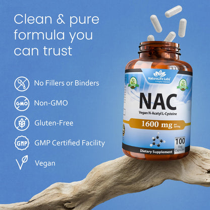 NaturaLife Labs N-Acetyl-L-Cysteine (NAC) 1600 mg – 100 Capsules, Non-GMO & Gluten-Free (2 Pack) (2) - dailyvitalstore