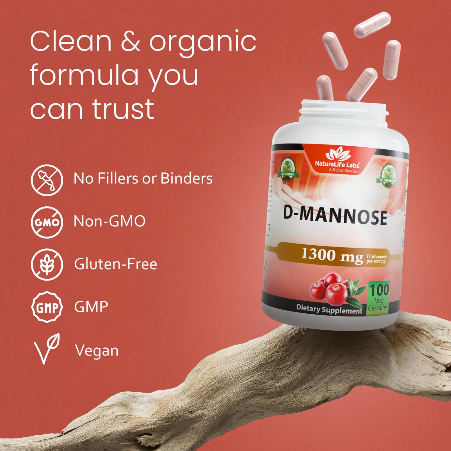NaturaLife Labs Organic D-Mannose 1300 mg with Organic Cranberry Extract 100 mg per Serving – 100 Capsules – Non-GMO, Gluten-Free, Vegan - dailyvitalstore
