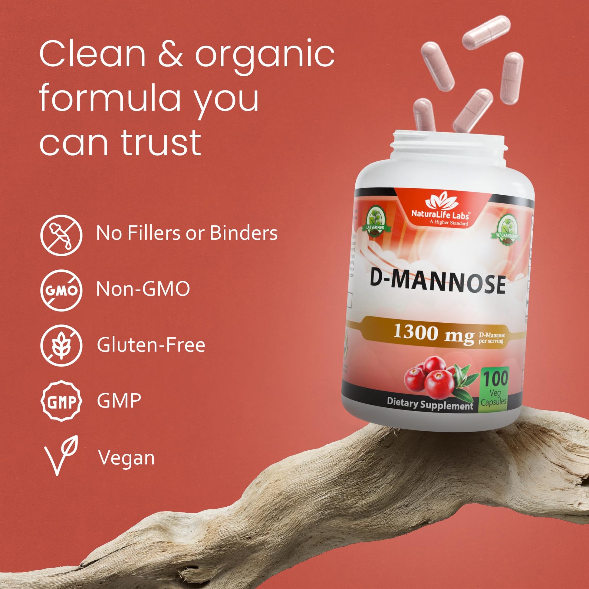 NaturaLife Labs Organic D-Mannose 1300 mg with Organic Cranberry Extract 100 mg per Serving – 100 Capsules – Non-GMO, Gluten-Free, Vegan - dailyvitalstore