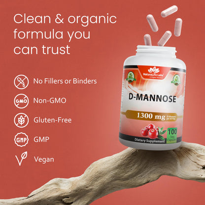 NaturaLife Labs Organic D-Mannose 1300 mg with Organic Cranberry Extract 100 mg per Serving – 100 Capsules – Non-GMO, Gluten-Free, Vegan - dailyvitalstore