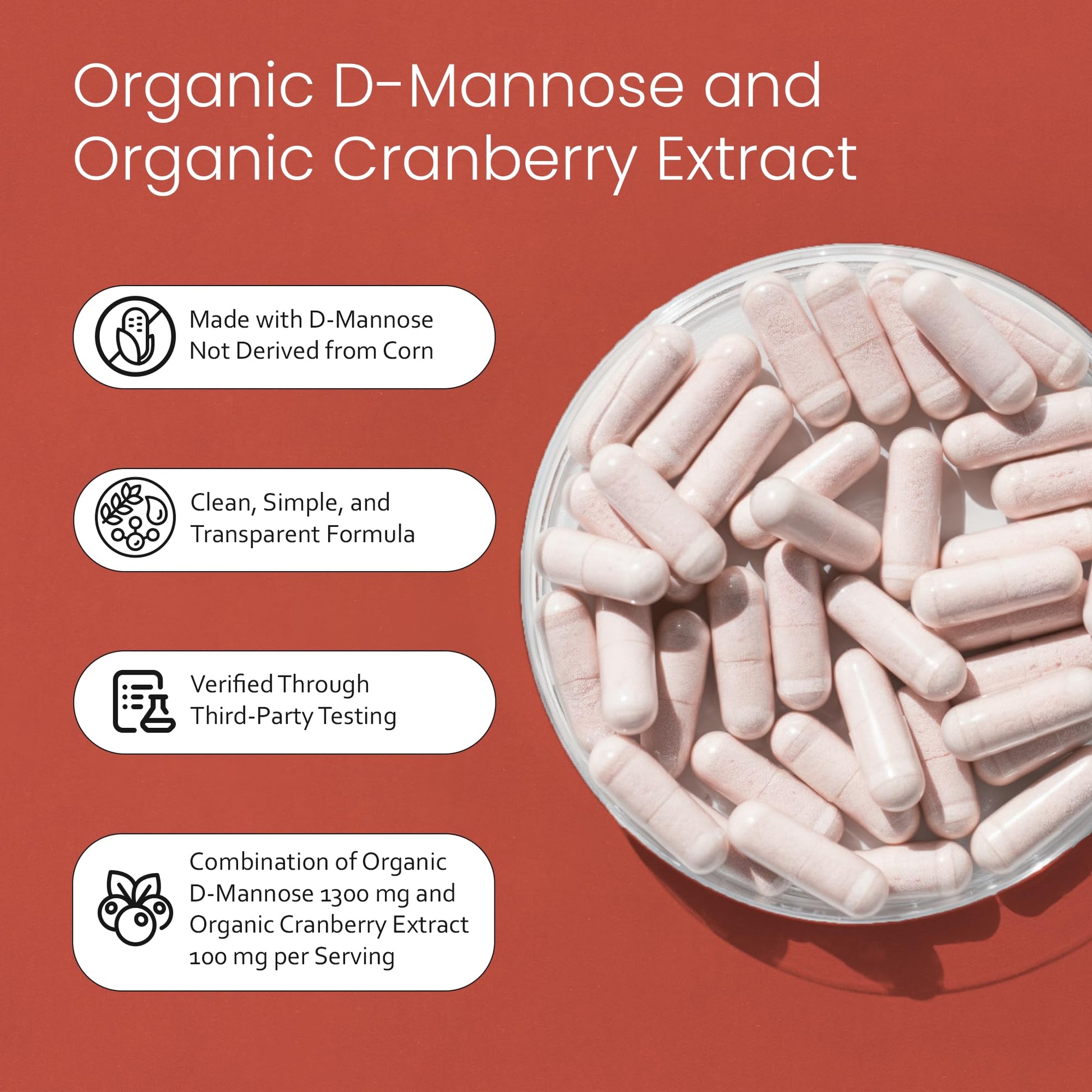 NaturaLife Labs Organic D-Mannose 1300 mg with Organic Cranberry Extract 100 mg per Serving – 100 Capsules – Non-GMO, Gluten-Free, Vegan - dailyvitalstore