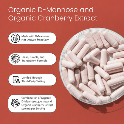 NaturaLife Labs Organic D-Mannose 1300 mg with Organic Cranberry Extract 100 mg per Serving – 100 Capsules – Non-GMO, Gluten-Free, Vegan - dailyvitalstore