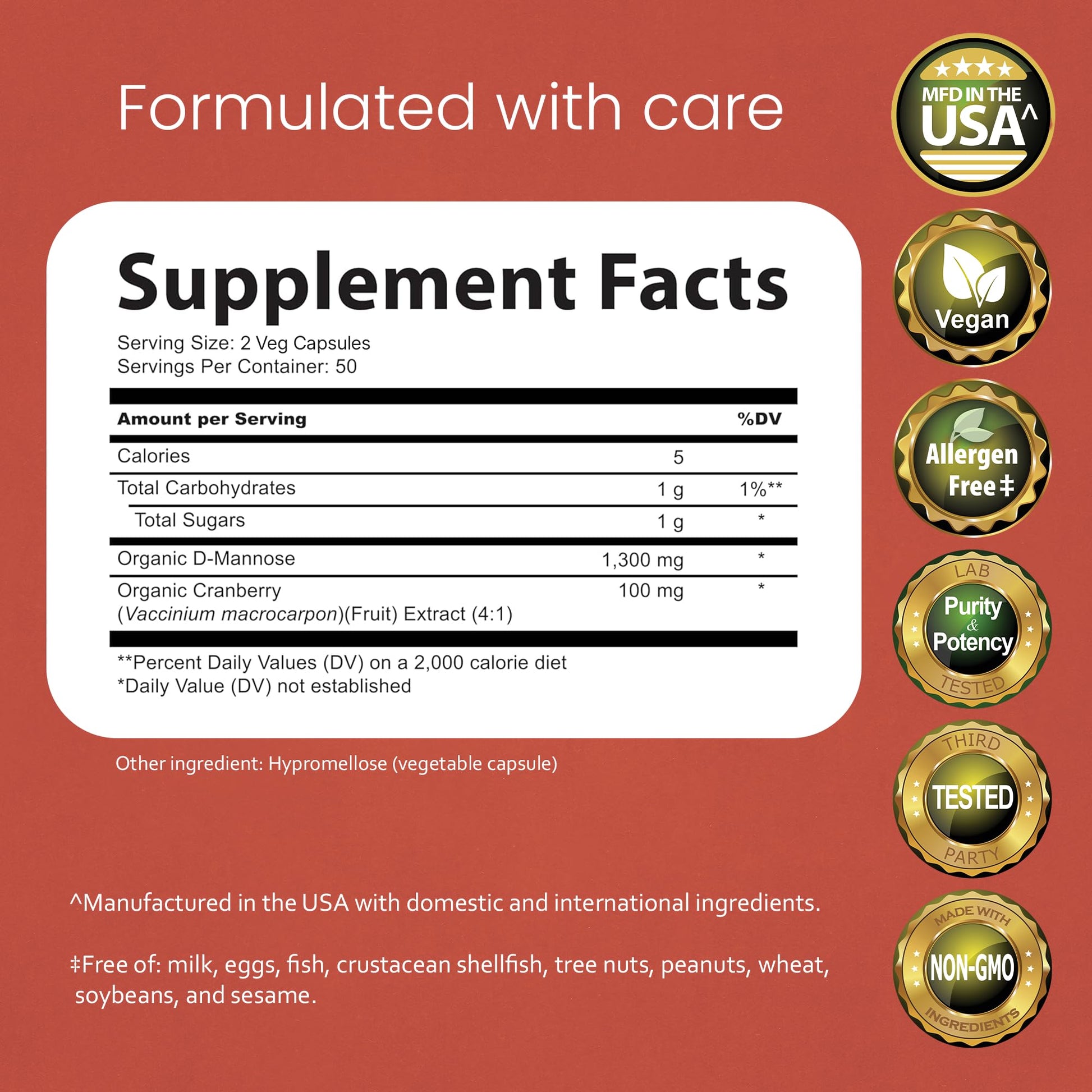NaturaLife Labs Organic D-Mannose 1300 mg with Organic Cranberry Extract 100 mg per Serving – 100 Capsules – Non-GMO, Gluten-Free, Vegan - dailyvitalstore