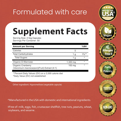 NaturaLife Labs Organic D-Mannose 1300 mg with Organic Cranberry Extract 100 mg per Serving – 100 Capsules – Non-GMO, Gluten-Free, Vegan - dailyvitalstore