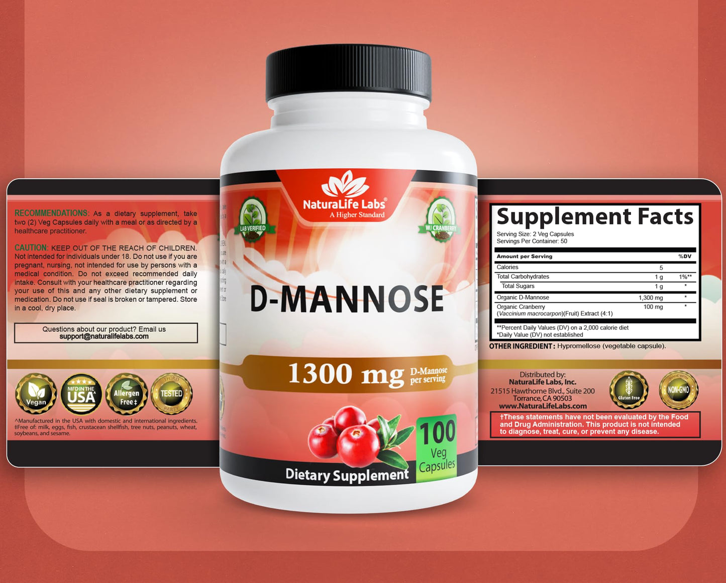 NaturaLife Labs Organic D-Mannose 1300 mg with Organic Cranberry Extract 100 mg per Serving – 100 Capsules – Non-GMO, Gluten-Free, Vegan - dailyvitalstore