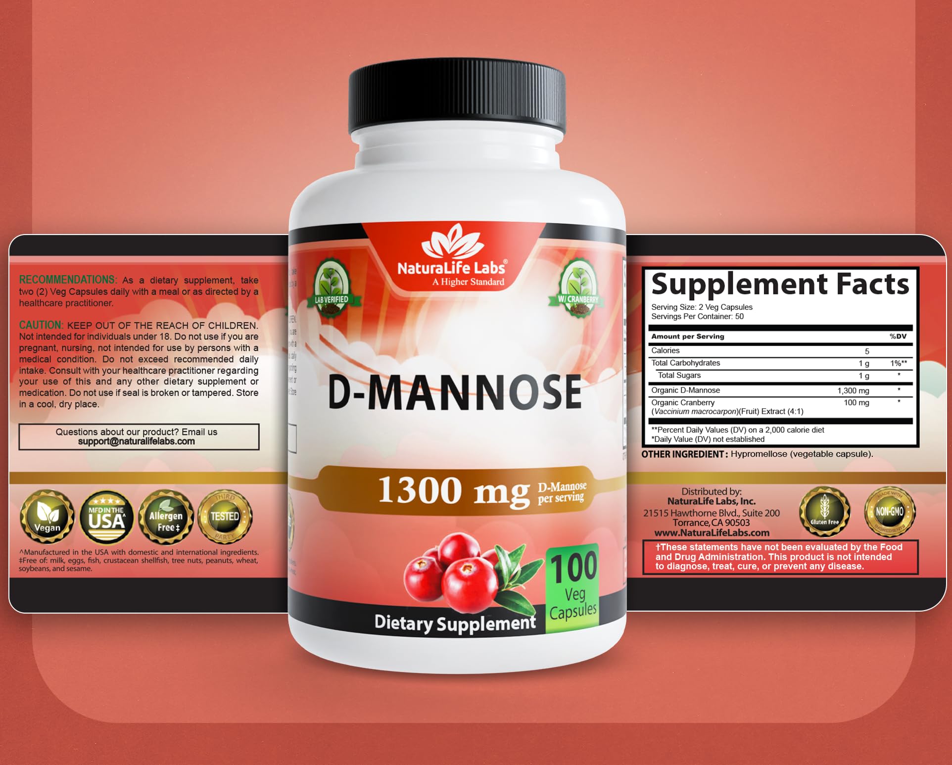 NaturaLife Labs Organic D-Mannose 1300 mg with Organic Cranberry Extract 100 mg per Serving – 100 Capsules – Non-GMO, Gluten-Free, Vegan - dailyvitalstore