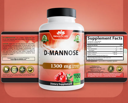 NaturaLife Labs Organic D-Mannose 1300 mg with Organic Cranberry Extract 100 mg per Serving – 100 Capsules – Non-GMO, Gluten-Free, Vegan - dailyvitalstore