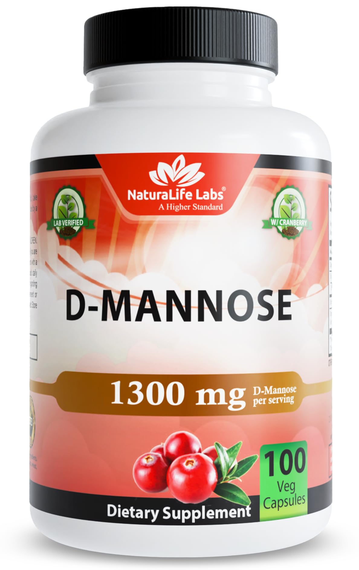 NaturaLife Labs Organic D-Mannose 1300 mg with Organic Cranberry Extract 100 mg per Serving – 100 Capsules – Non-GMO, Gluten-Free, Vegan - dailyvitalstore