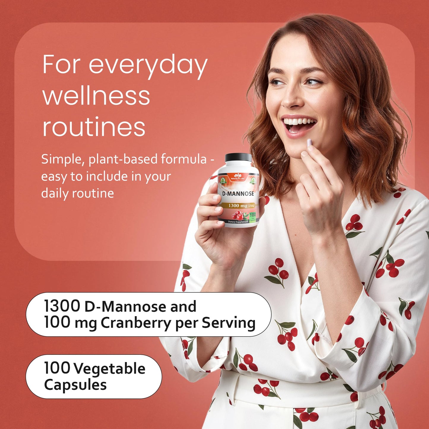 NaturaLife Labs Organic D-Mannose 1300 mg with Organic Cranberry Extract 100 mg per Serving – 100 Capsules – Non-GMO, Gluten-Free, Vegan - dailyvitalstore