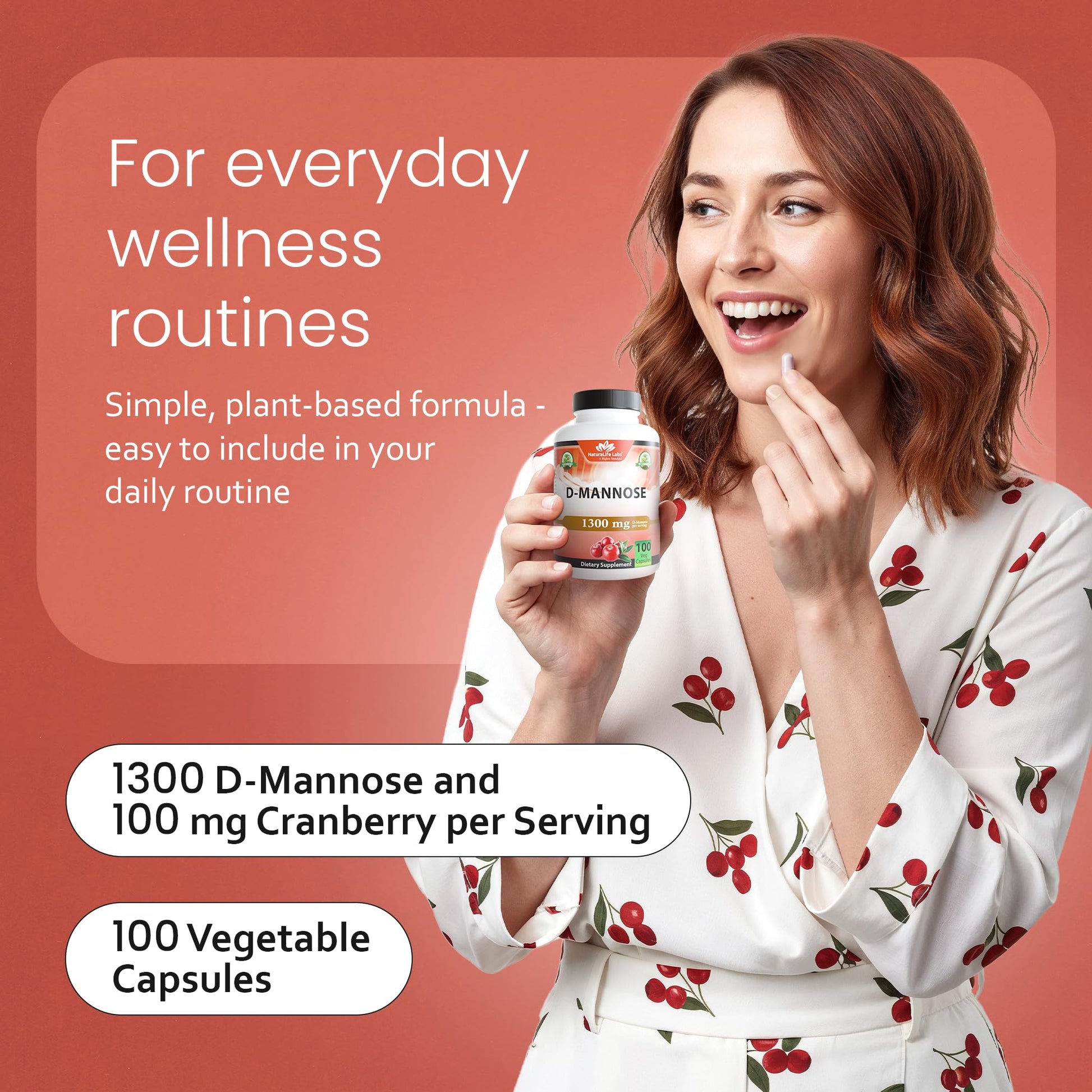 NaturaLife Labs Organic D-Mannose 1300 mg with Organic Cranberry Extract 100 mg per Serving – 100 Capsules – Non-GMO, Gluten-Free, Vegan - dailyvitalstore