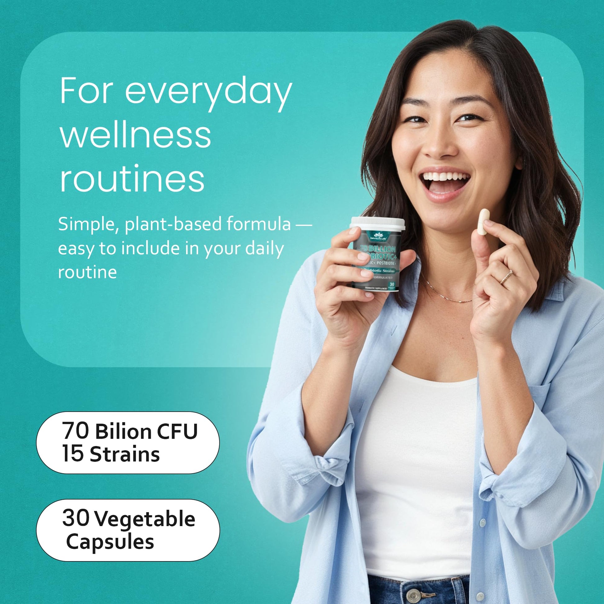 NaturaLife Labs Probiotics 70 Billion CFU – 15 Strains with Organic Prebiotic & Postbiotic – 3-in-1 Formula – 30 Vegan Capsules - dailyvitalstore