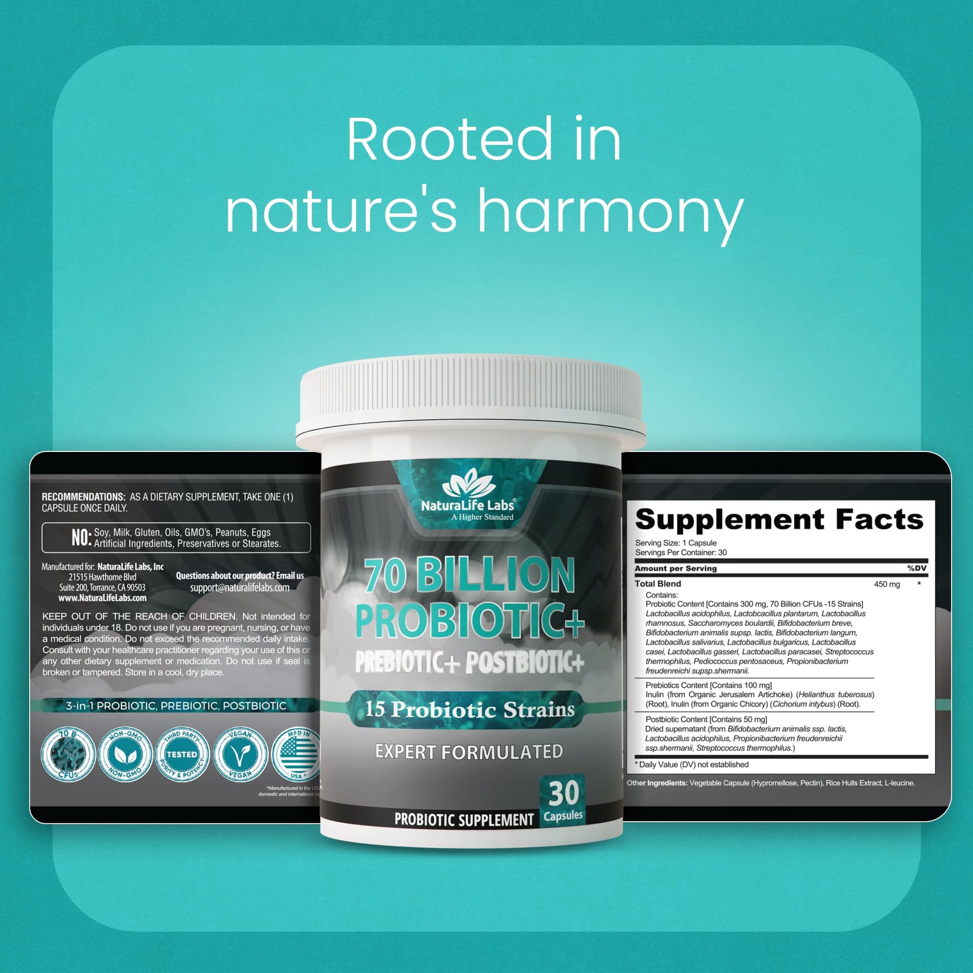 NaturaLife Labs Probiotics 70 Billion CFU – 15 Strains with Organic Prebiotic & Postbiotic – 3-in-1 Formula – 30 Vegan Capsules - dailyvitalstore