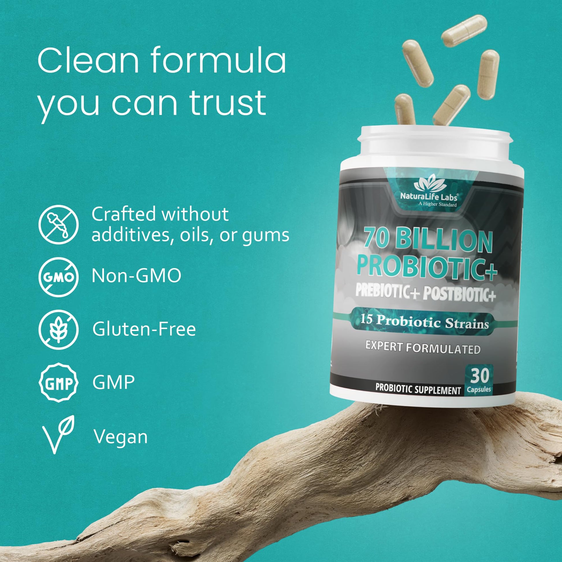 NaturaLife Labs Probiotics 70 Billion CFU – 15 Strains with Organic Prebiotic & Postbiotic – 3-in-1 Formula – 30 Vegan Capsules - dailyvitalstore