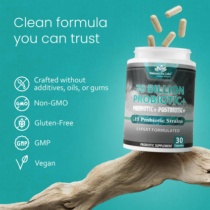 NaturaLife Labs Probiotics 70 Billion CFU – 15 Strains with Organic Prebiotic & Postbiotic – 3-in-1 Formula – 30 Vegan Capsules - dailyvitalstore