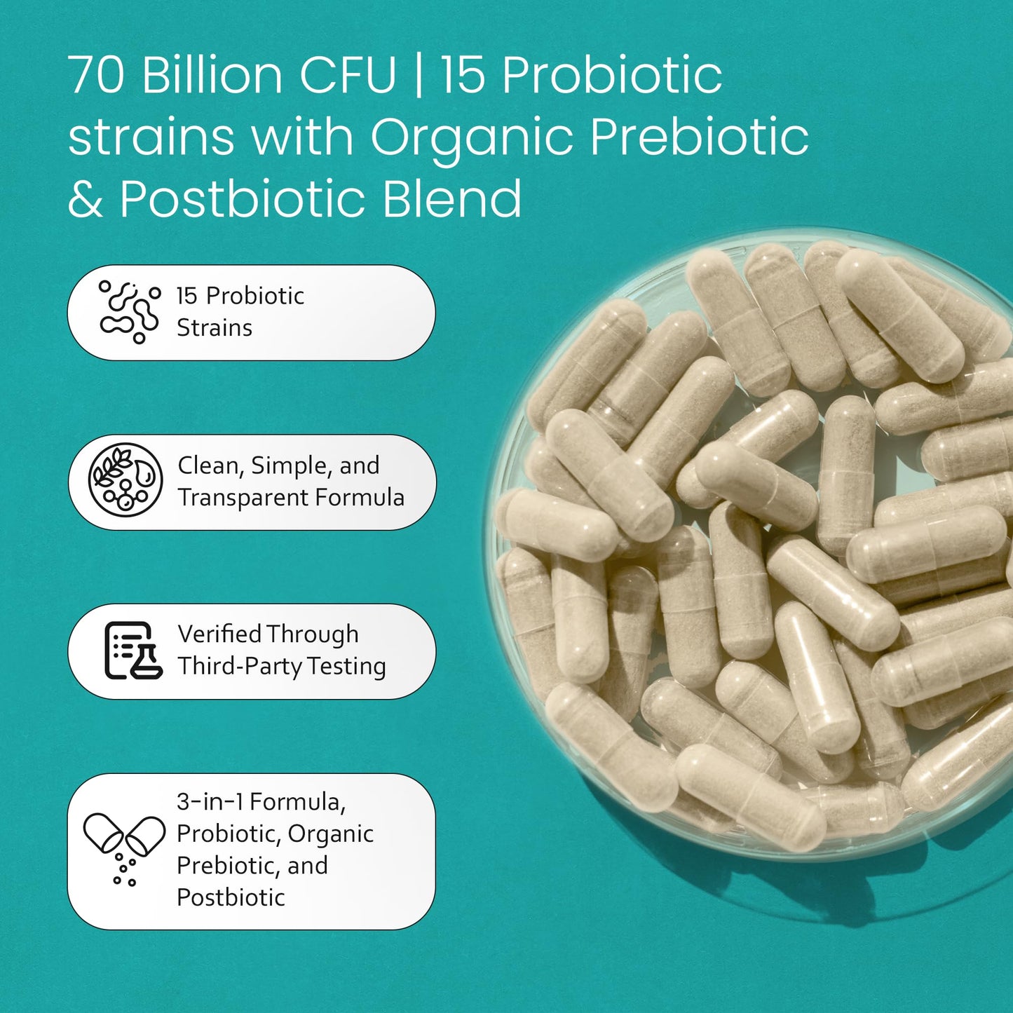 NaturaLife Labs Probiotics 70 Billion CFU – 15 Strains with Organic Prebiotic & Postbiotic – 3-in-1 Formula – 30 Vegan Capsules - dailyvitalstore