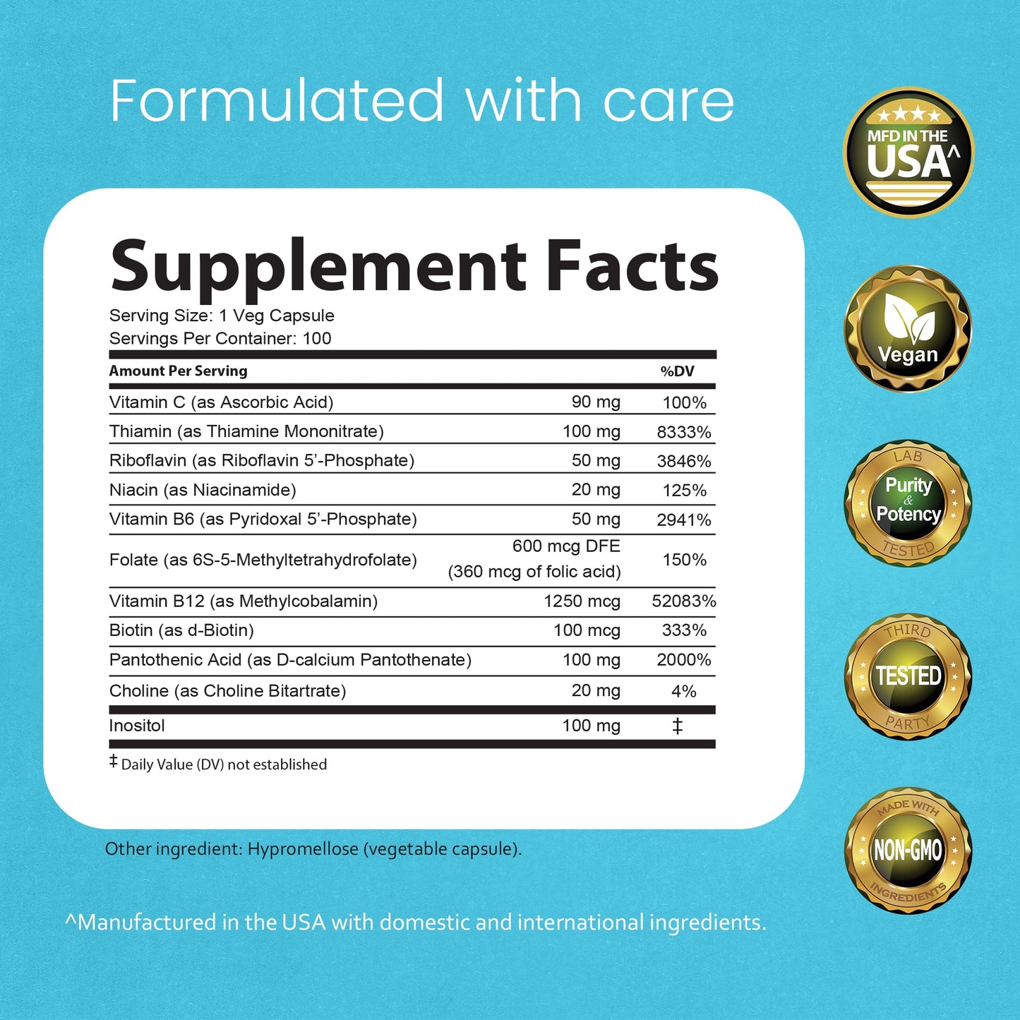 NaturaLife Labs Vitamin B Complex – All B Vitamins Including Active B2, B6, B9 & B12 (Methylcobalamin), Plus B1, B3, B5, B7 & Vitamin C – 100 Capsules - dailyvitalstore