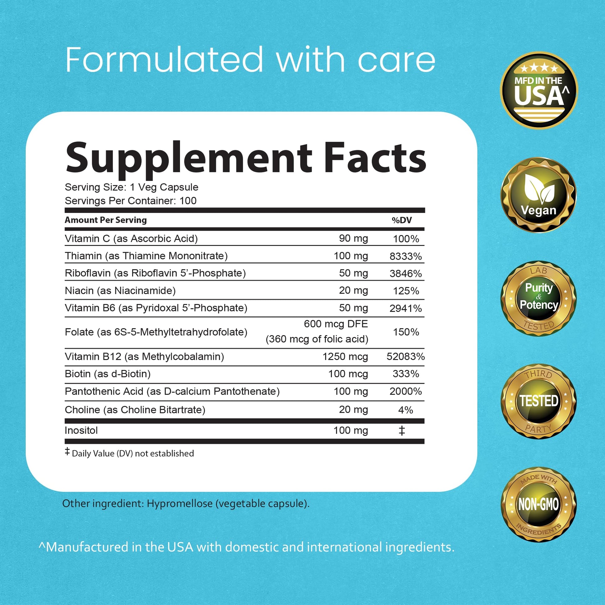 NaturaLife Labs Vitamin B Complex – All B Vitamins Including Active B2, B6, B9 & B12 (Methylcobalamin), Plus B1, B3, B5, B7 & Vitamin C – 100 Capsules - dailyvitalstore