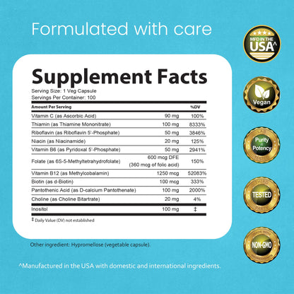 NaturaLife Labs Vitamin B Complex – All B Vitamins Including Active B2, B6, B9 & B12 (Methylcobalamin), Plus B1, B3, B5, B7 & Vitamin C – 100 Capsules - dailyvitalstore