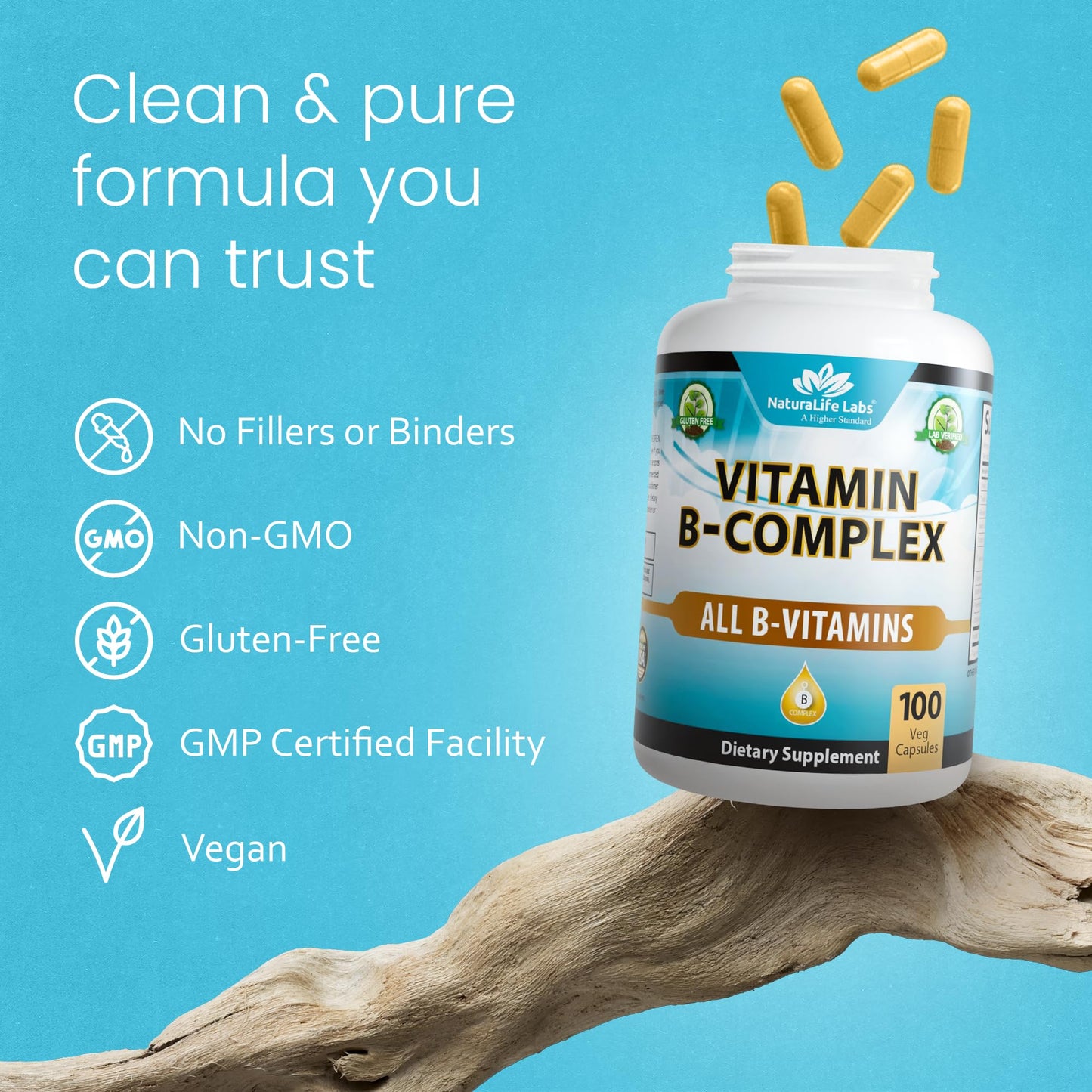 NaturaLife Labs Vitamin B Complex – All B Vitamins Including Active B2, B6, B9 & B12 (Methylcobalamin), Plus B1, B3, B5, B7 & Vitamin C – 100 Capsules - dailyvitalstore