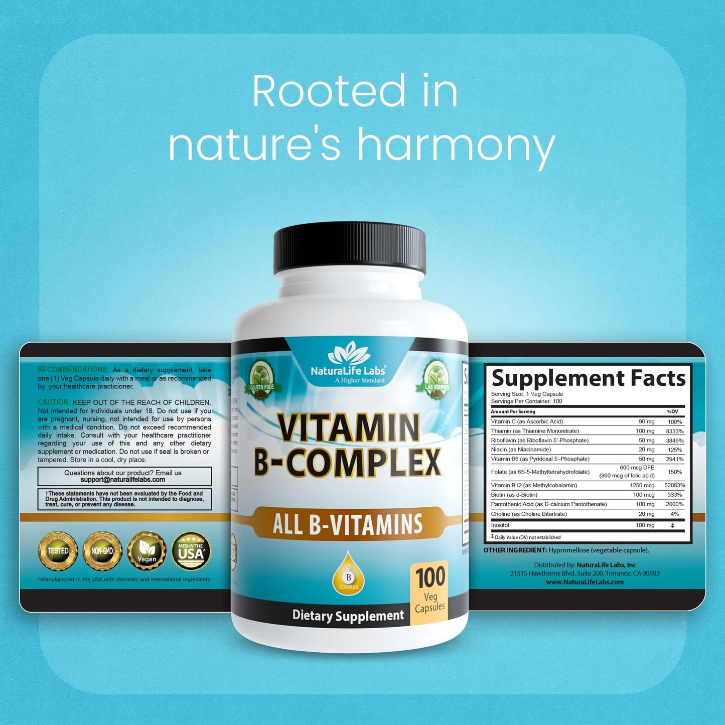 NaturaLife Labs Vitamin B Complex – All B Vitamins Including Active B2, B6, B9 & B12 (Methylcobalamin), Plus B1, B3, B5, B7 & Vitamin C – 100 Capsules - dailyvitalstore