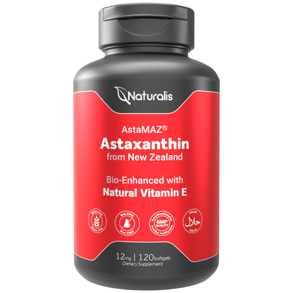 Naturalis New Zealand Astaxanthin (12mg) | Enhanced with Natural Vitamin E | Non-GMO, Soy & Gluten Free | 120 Softgels (4 Month Supply) - dailyvitalstore