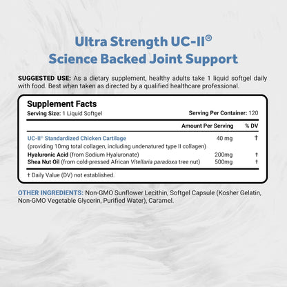 Naturalis UC-II 40 mg with Hyaluronic Acid and Shea Nut Oil | Enhanced Undenatured Type II Collagen for Better Joint Health, Mobility & Flexibility | Gluten-Free & Non-GMO | 120 Softgels - dailyvitalstore