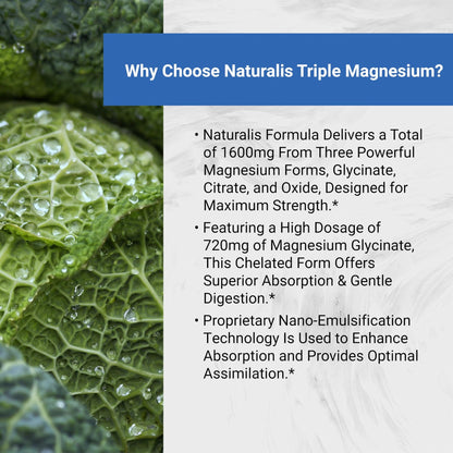 Naturalis Vegan Triple Magnesium Complex | Chelated Glycinate, Citrate & Oxide 1600mg Delivers 250mg Elemental Magnesium | Easily Absorbed for Stress, Muscle, Heart, Bone Support* | 60 Softgels - dailyvitalstore