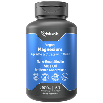 Naturalis Vegan Triple Magnesium Complex | Chelated Glycinate, Citrate & Oxide 1600mg Delivers 250mg Elemental Magnesium | Easily Absorbed for Stress, Muscle, Heart, Bone Support* | 60 Softgels - dailyvitalstore