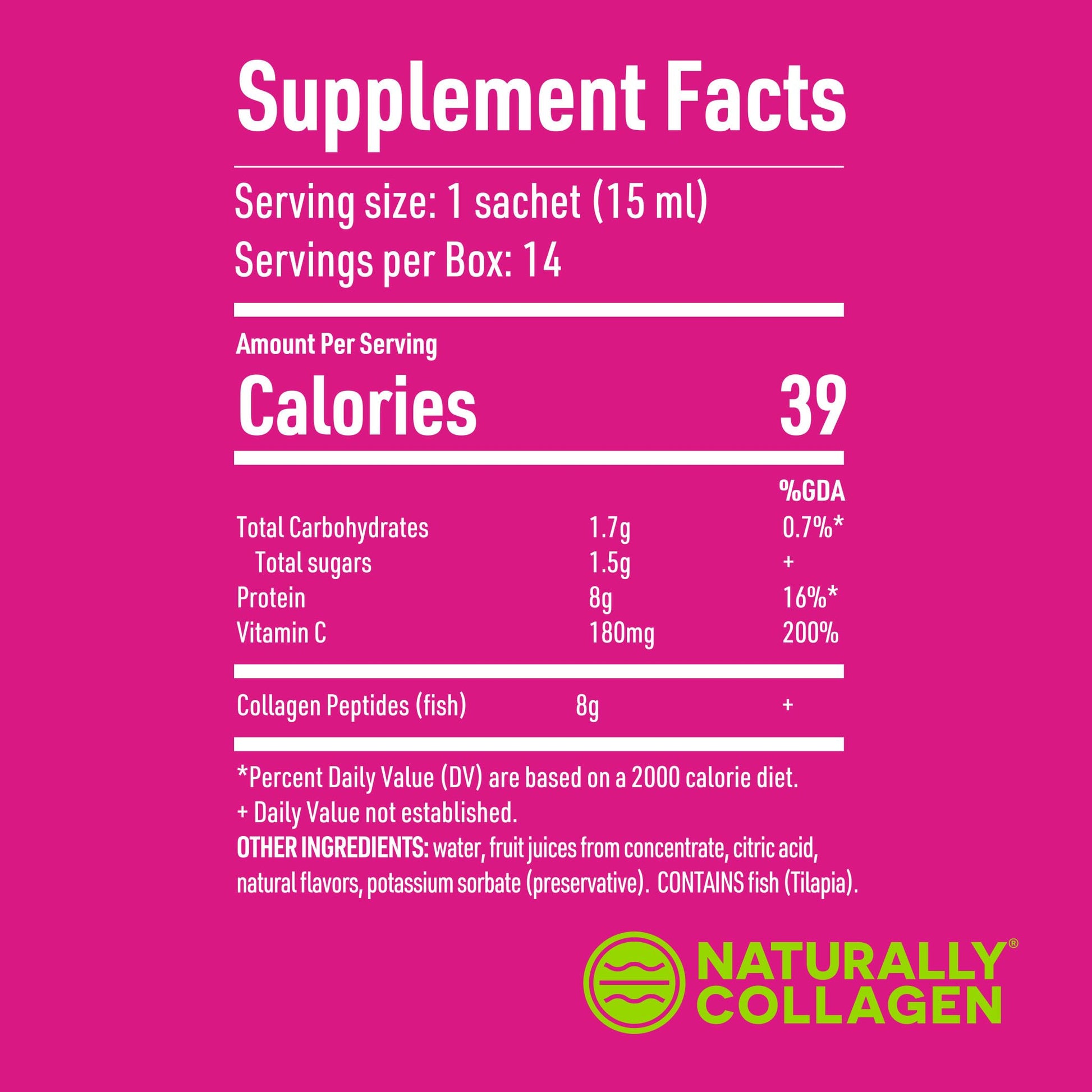Naturally Collagen - Premium Hydrolyzed Liquid Marine Collagen Supplement - 8000mg of Collagen per Sachet Plus 180mg VIT C - Natural Tropical Fruit Flavour - 14 Sachets per Box - dailyvitalstore