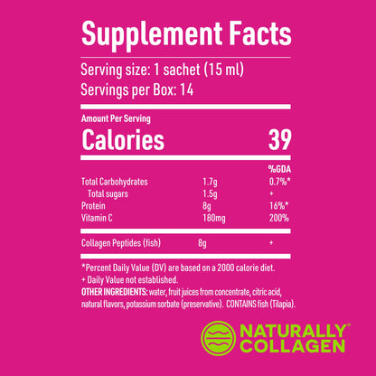 Naturally Collagen - Premium Hydrolyzed Liquid Marine Collagen Supplement - 8000mg of Collagen per Sachet Plus 180mg VIT C - Natural Tropical Fruit Flavour - 14 Sachets per Box - dailyvitalstore