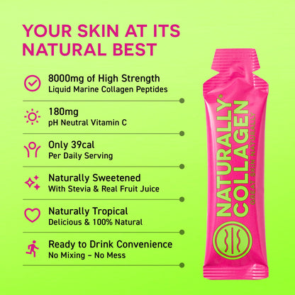 Naturally Collagen - Premium Hydrolyzed Liquid Marine Collagen Supplement - 8000mg of Collagen per Sachet Plus 180mg VIT C - Natural Tropical Fruit Flavour - 14 Sachets per Box - dailyvitalstore