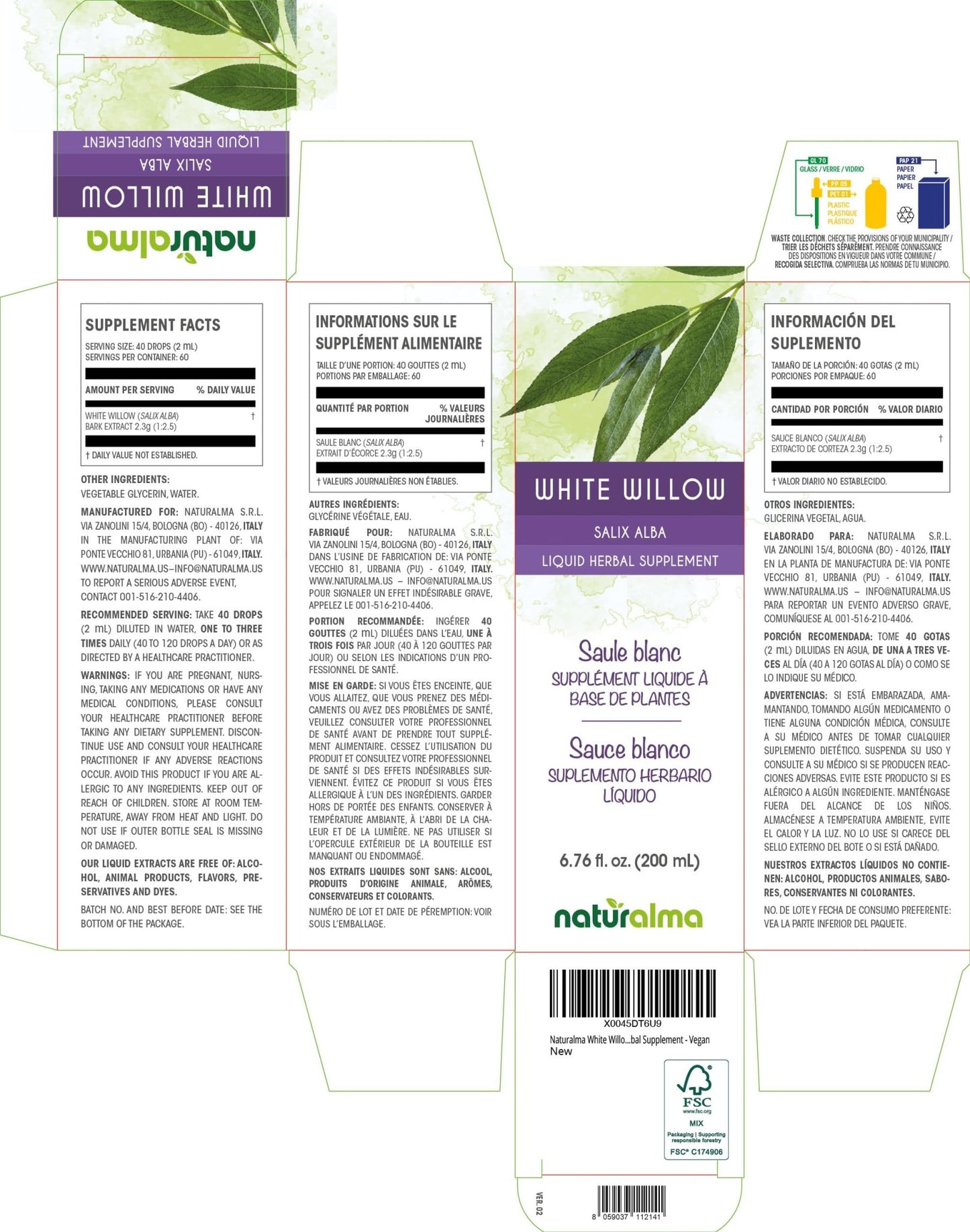 Naturalma White Willow (Salix alba) bark Alcohol-Free Tincture - 6.76 fl oz Liquid Extract in Drops - Herbal Supplement - Vegan - dailyvitalstore