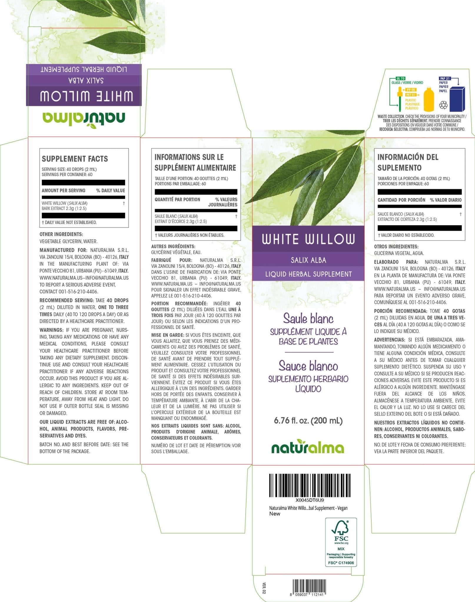 Naturalma White Willow (Salix alba) bark Alcohol-Free Tincture - 6.76 fl oz Liquid Extract in Drops - Herbal Supplement - Vegan - dailyvitalstore